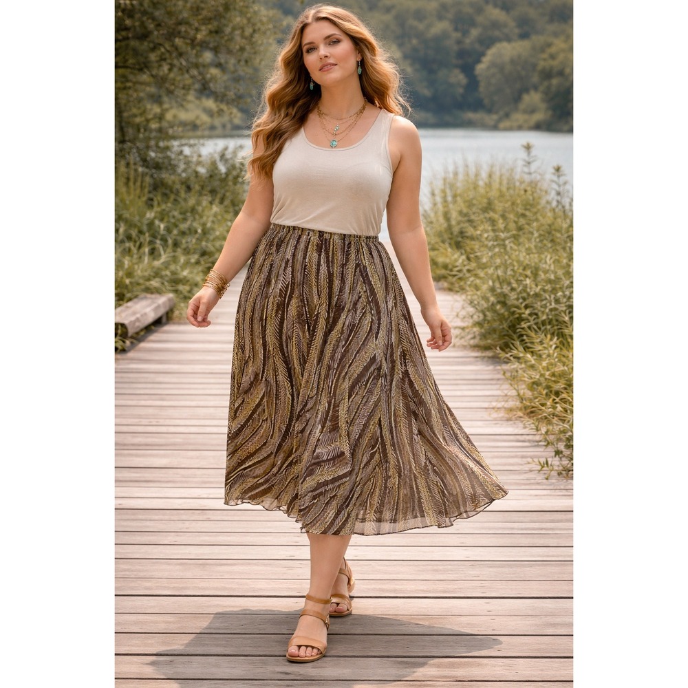 Boho Prairie Fairycore Farm Office Brown Green Chiffon Lined Midi 26/28W Skirt